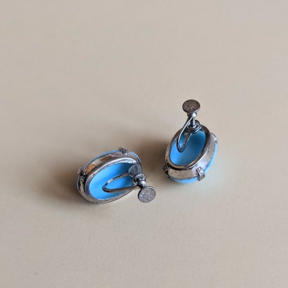 Faux Turquoise Twist On Earrings, Oval Studs, Vintage Sterling Silver Earring - Picture 3 of 4